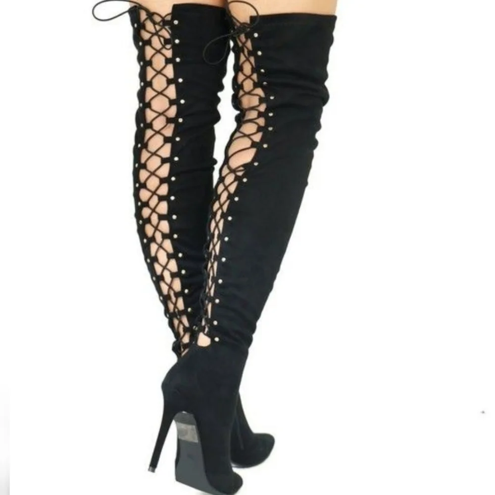 ❤BEST SELLER ❤ dolls Black Faux Suede Thigh High Lace U - Picture 9 of 9